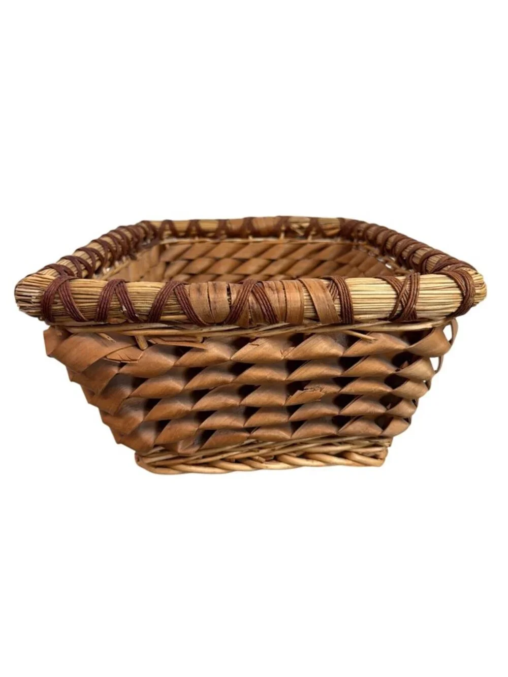 Vintage Hand woven Splint Basket with Intricate Curly Weave.